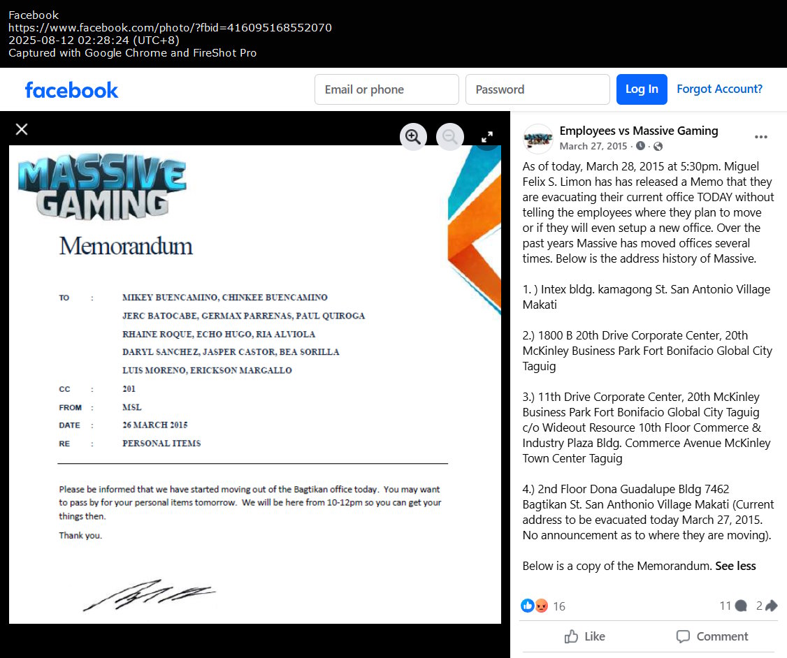 Employees vs Massive Gaming Facebook post (Memorandum to vacate building)