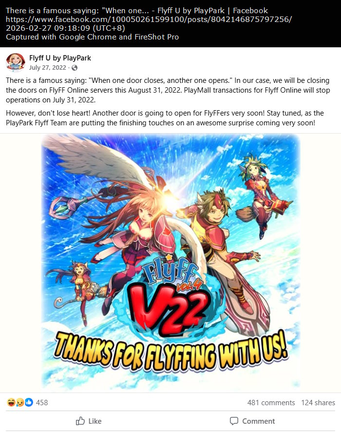 PlayPark FlyFF closure announcement