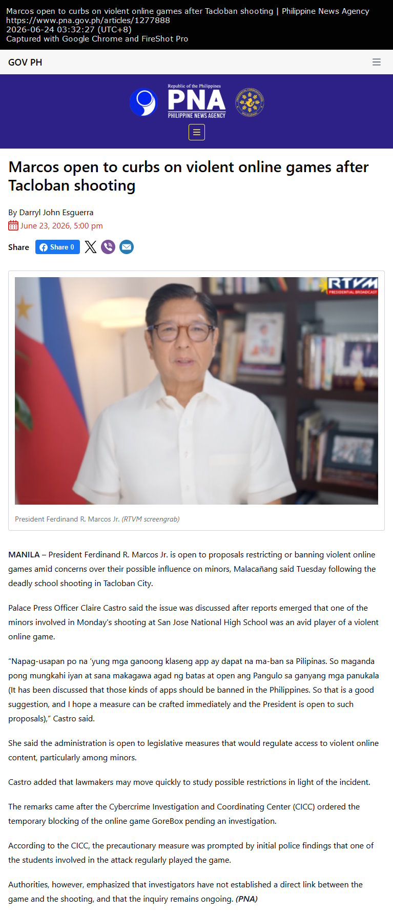 Marcos open to curbs on violent online games after Tacloban shooting