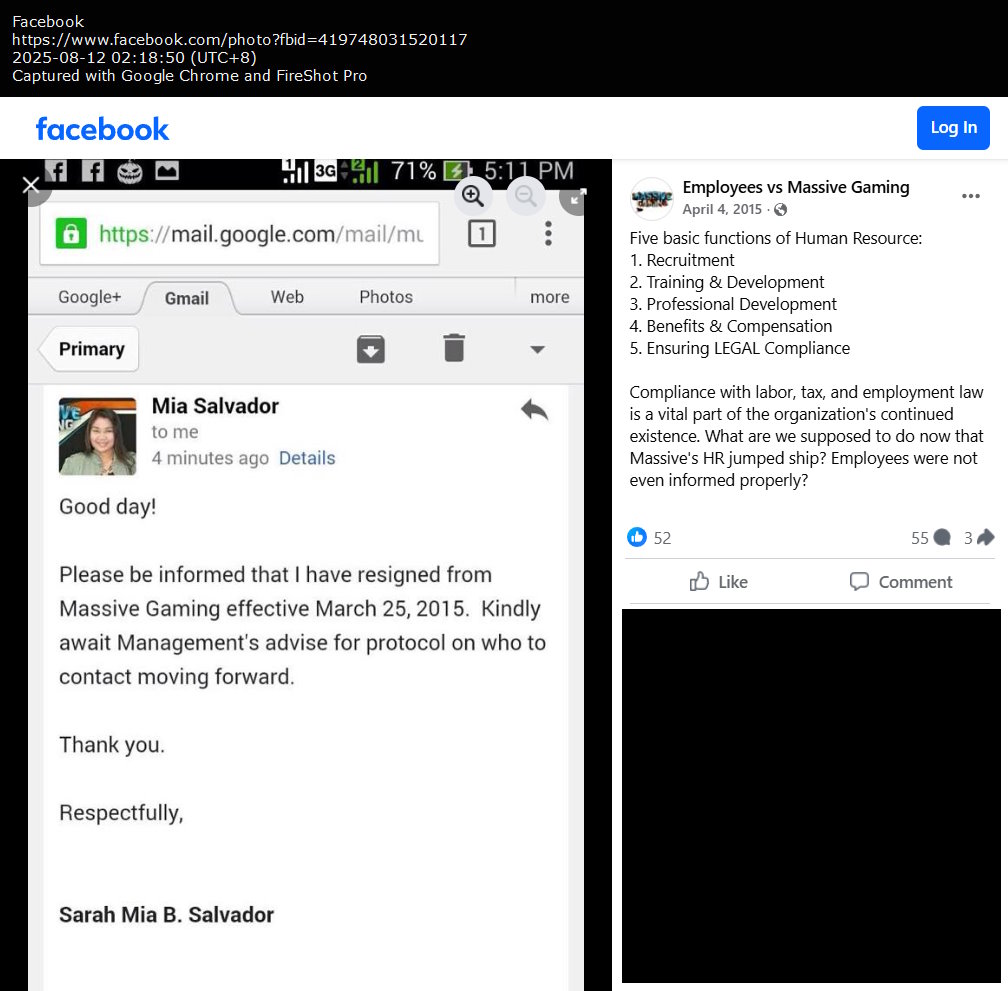 Employees vs Massive Gaming Facebook post (HR Manager resigns)