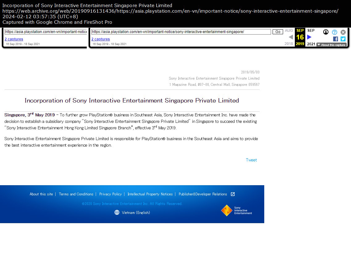 Incorporation of Sony Interactive Entertainment Singapore Private Limited